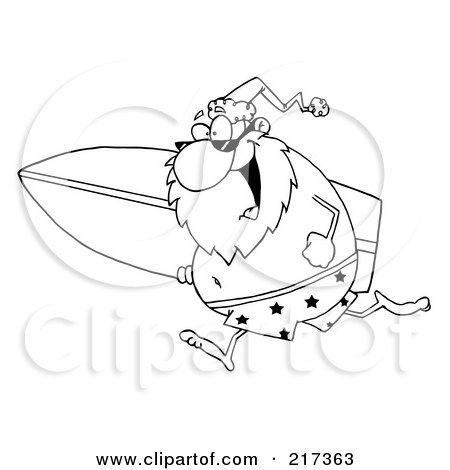 Royalty-Free (RF) Clipart Illustration of an Outlined Santa In Shorts, Running With A Surfboard by Hit Toon