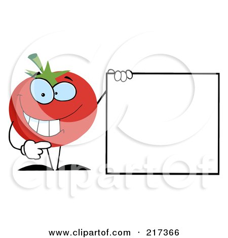 Royalty-Free (RF) Clipart Illustration of a Happy Tomato Character Holding Up A Blank Sign With One Hand by Hit Toon