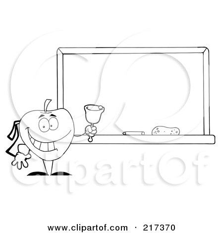 Royalty-Free (RF) Clipart Illustration of an Outlined School Apple Ringing A Bell By A Chalk Board by Hit Toon