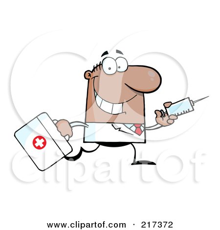 Royalty-Free (RF) Clipart Illustration of a Running Male Black Doctor With A Syringe by Hit Toon