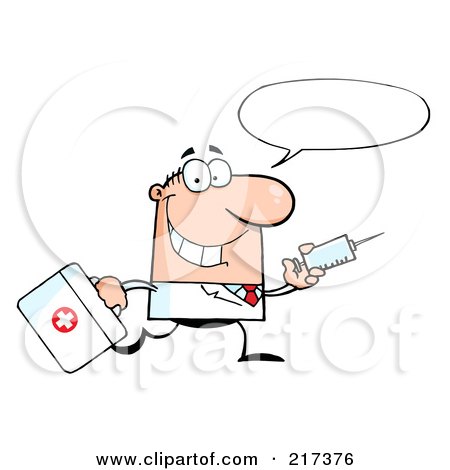 Royalty-Free (RF) Clipart Illustration of a Running Male Caucasian Doctor With A Syringe And Word Balloon by Hit Toon