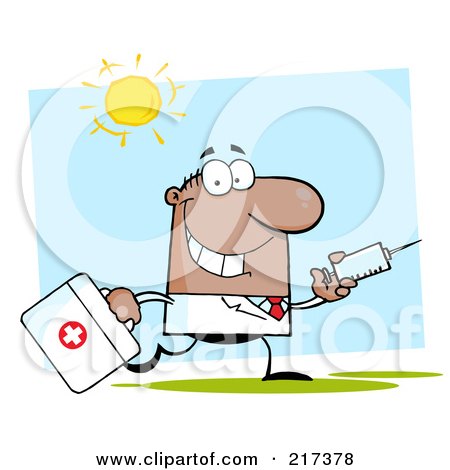 Royalty-Free (RF) Clipart Illustration of a Running Male Black Doctor With A Needle Syringe by Hit Toon