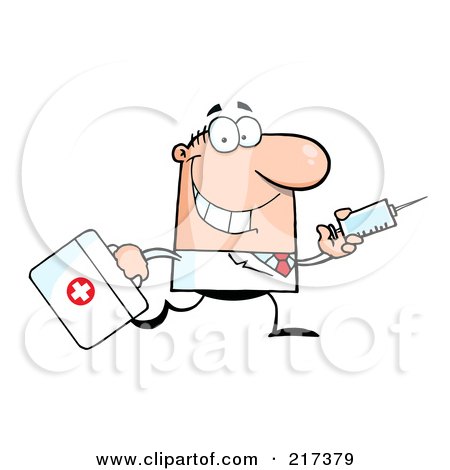 Royalty-Free (RF) Clipart Illustration of a Running Male Caucasian Doctor With A Syringe by Hit Toon