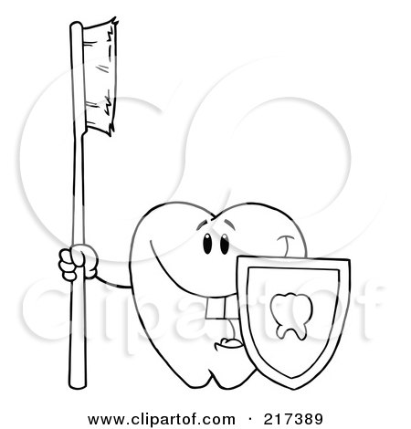 Royalty-Free (RF) Clipart Illustration of an Outlined Dental Tooth Character Holding A Toothbrush And Shield by Hit Toon