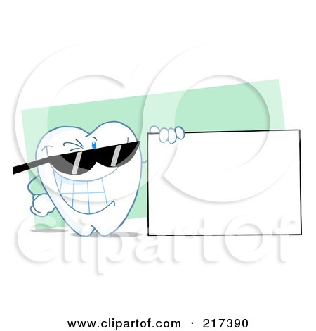Royalty-Free (RF) Clipart Illustration of a Tooth Character Wearing Shades And Holding A Blank Sign by Hit Toon