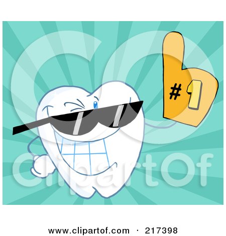 Royalty-Free (RF) Clipart Illustration of a Dental Tooth Character Wearing Sunglasses And Wearing A Number One Fan Glove by Hit Toon