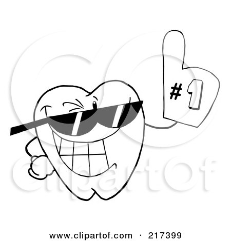Royalty-Free (RF) Clipart Illustration of an Outlined Tooth Character Wearing Shades And Wearing A Number One Fan Glove by Hit Toon