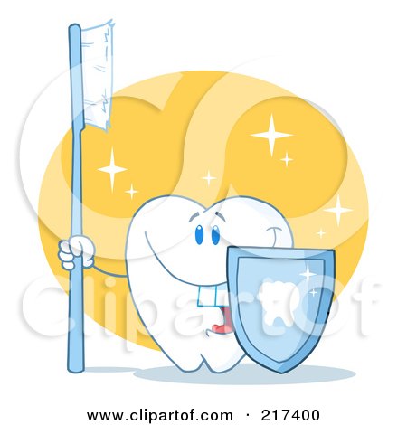 Royalty-Free (RF) Clipart Illustration of a Dental Tooth Character Holding A Blue Toothbrush And Shield by Hit Toon