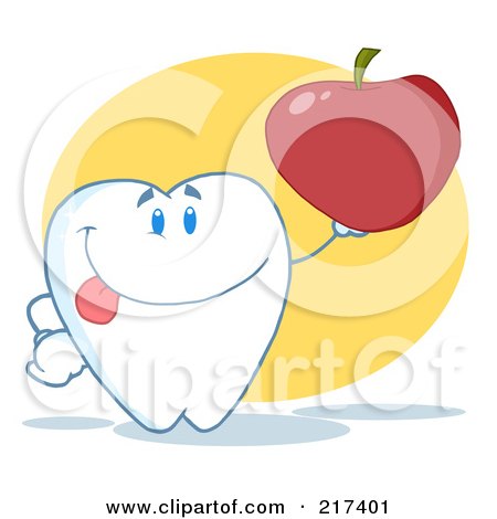 Royalty-Free (RF) Clipart Illustration of a Tooth Character Holding A Red Apple by Hit Toon