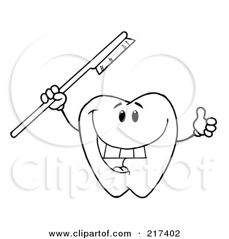 Royalty-Free (RF) Clipart Illustration of an Outlined Dental Tooth Character Holding A Red Tooth Brush And Thumbs Up by Hit Toon