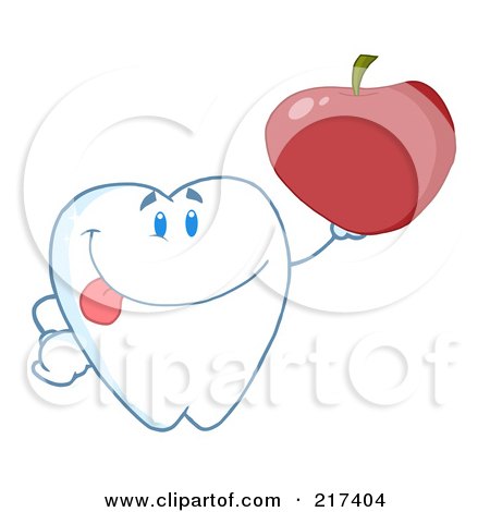 Royalty-Free (RF) Clipart Illustration of a Dental Tooth Character Holding A Red Apple by Hit Toon
