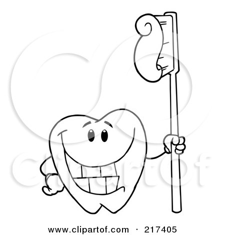 Royalty-Free (RF) Clipart Illustration of an Outlined Dental Tooth Character Holding A Toothbrush With Paste by Hit Toon