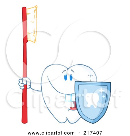 Royalty-Free (RF) Clipart Illustration of a Dental Tooth Character Holding A Red Toothbrush And Shield by Hit Toon
