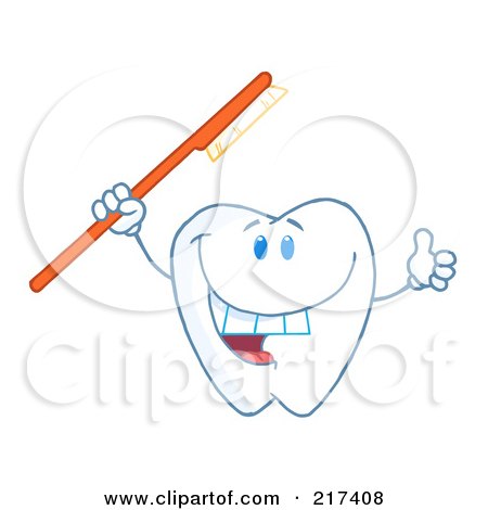 Royalty-Free (RF) Clipart Illustration of a Dental Tooth Character Holding A Red Tooth Brush And Thumbs Up by Hit Toon