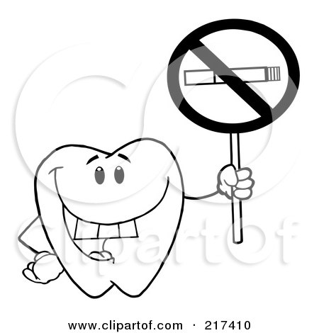 Royalty-Free (RF) Clipart Illustration of an Outlined Dental Tooth Character Holding A No Smoking Sign by Hit Toon