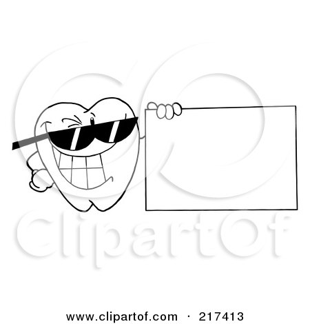 Royalty-Free (RF) Clipart Illustration of an Outlined Dental Tooth Character Wearing Shades And Holding A Blank Sign by Hit Toon