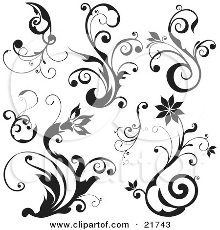 Clipart Picture Illustration of Blooming Flowers And Plants With Scrolls by OnFocusMedia