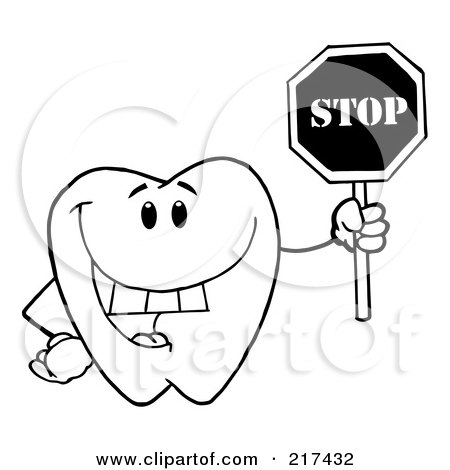 Royalty-Free (RF) Clipart Illustration of an Outlined Tooth Character Smiling And Holding A Stop Sign by Hit Toon