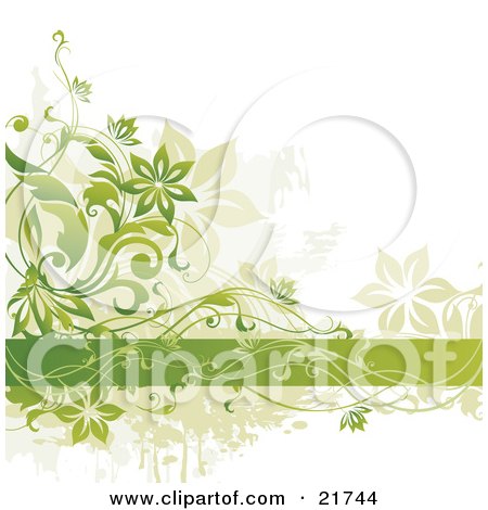 Clipart Picture Illustration of Green Flowering Vines Twining Around A Horizontal Green Band On A White Background by OnFocusMedia