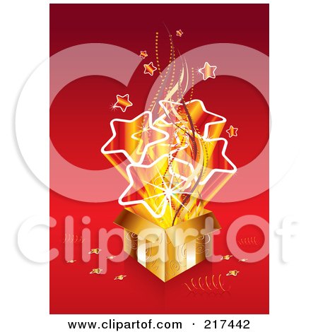 Royalty-Free (RF) Clipart Illustration of a Bursting Golden Gift Box With Stars On Red by MilsiArt