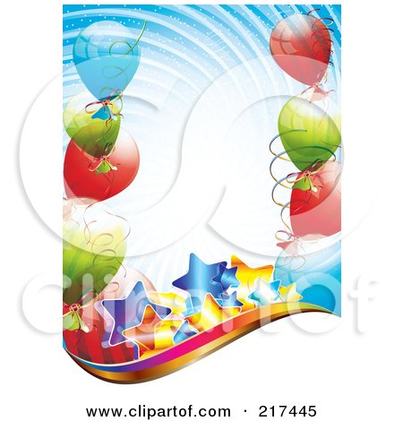 Royalty-Free (RF) Clipart Illustration of Shiny Stars With Balloons On Swirly Blue And A Wave Of White  by MilsiArt