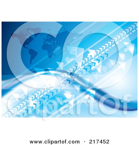 Royalty-Free (RF) Clipart Illustration of a Background Of A Blue Atlas, Waves And Arrows by MilsiArt
