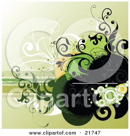 Clipart Picture Illustration of Black Paint Sprays With Orange And Green Circles And Black Vines Over Horizontal Lines On A Gradient Green Background by OnFocusMedia
