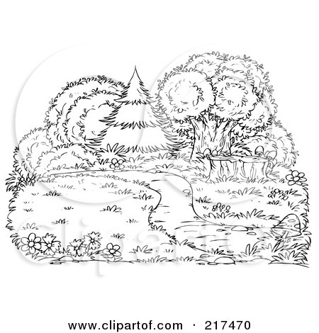 Royalty-Free (RF) Clipart Illustration of a Coloring Page Outline Of A Path Through Grass Near Lush Trees And Bushes by Alex Bannykh