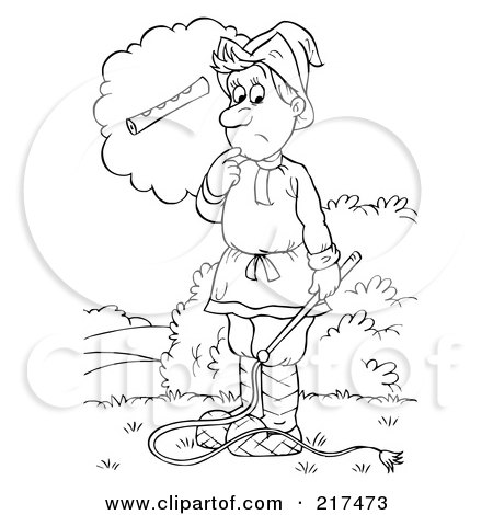 Royalty-Free (RF) Clipart Illustration of a Coloring Page Outline Of A Man Holding A Whip And Thinking Of A Musical Pipe by Alex Bannykh