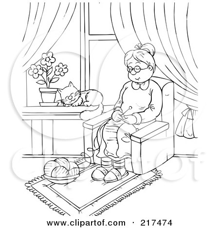 Royalty-Free (RF) Clipart Illustration of a Coloring Page Outline Of A Cat Napping In A Window While An Old Woman Knits by Alex Bannykh