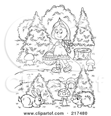 Royalty-Free (RF) Clipart Illustration of a Coloring Page Outline Of A Girl Walking Down A Path With Wild Creatures by Alex Bannykh