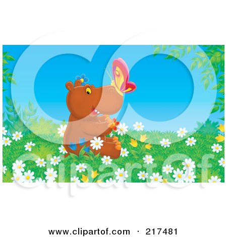 Royalty-Free (RF) Clipart Illustration of a Happy Hippo Sitting In Wildflowers With A Butterfly On His Nose by Alex Bannykh