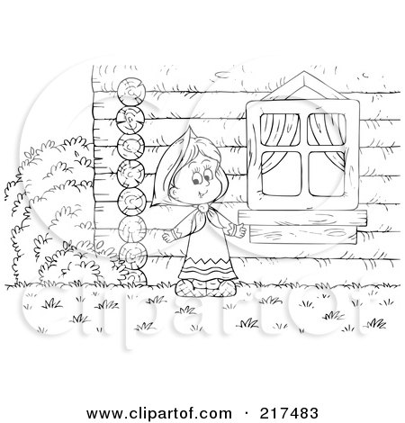Royalty-Free (RF) Clipart Illustration of a Coloring Page Outline Of A Girl Standing By A Log Cabin by Alex Bannykh