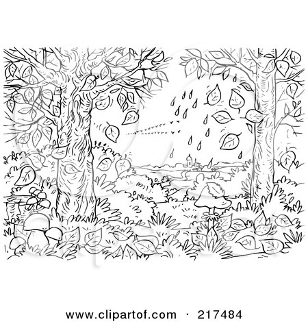 Royalty-Free (RF) Clipart Illustration of a Coloring Page Outline Of Rain Crashing Knocking Leaves Off Of Trees by Alex Bannykh