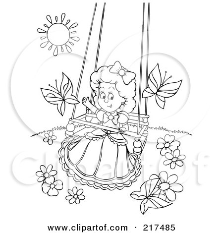 Royalty-Free (RF) Clipart Illustration of a Coloring Page Outline Of A Girl Playing On A Swing With Butterflies by Alex Bannykh