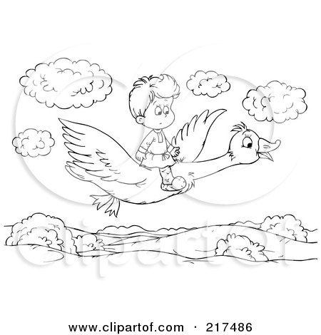 Royalty-Free (RF) Clipart Illustration of a Coloring Page Outline Of A Boy Flying On A Goose by Alex Bannykh