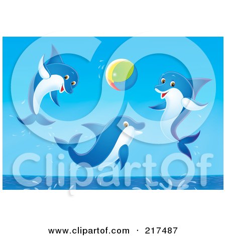 Royalty-Free (RF) Clipart Illustration of a Trio Of Dolphins Jumping And Playing With A Beach Ball by Alex Bannykh