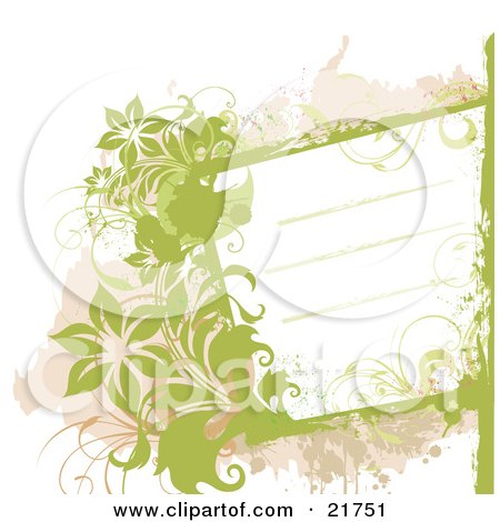 Clipart Picture Illustration of a White Text Box With Lines, Bordered With Green And Tan Splatters, Vines And Flowers Over A White Background by OnFocusMedia