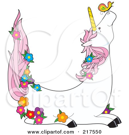 Royalty-Free (RF) Clipart Illustration of a Unicorn With A Butterfly And Flowers In The Shape Of A U by Maria Bell