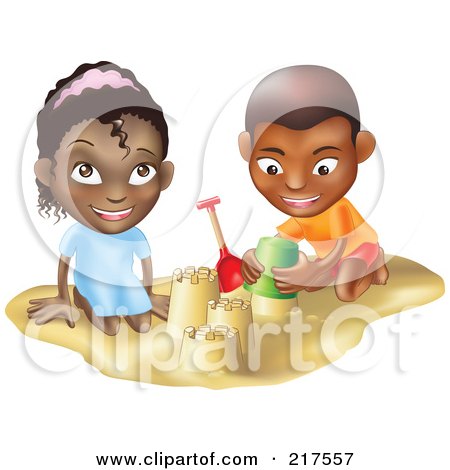 Royalty-Free (RF) Clipart Illustration of a Black Boy And Girl Building Sand Castles Together by AtStockIllustration