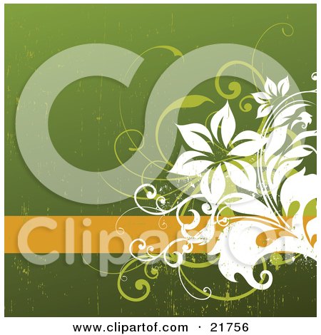 Clipart Picture Illustration of a Blank Orange Text Bar With Green And White Flowers Over A Grunge Green Background by OnFocusMedia