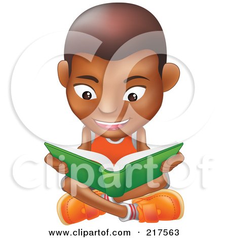 Royalty-Free (RF) Clipart Illustration of a Black Boy Sitting On A Floor And Reading A Green Book by AtStockIllustration