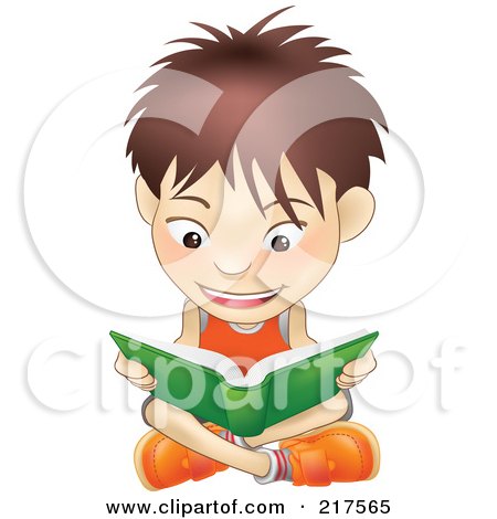 Royalty-Free (RF) Clipart Illustration of a White Boy Sitting On A Floor And Reading A Green Book by AtStockIllustration