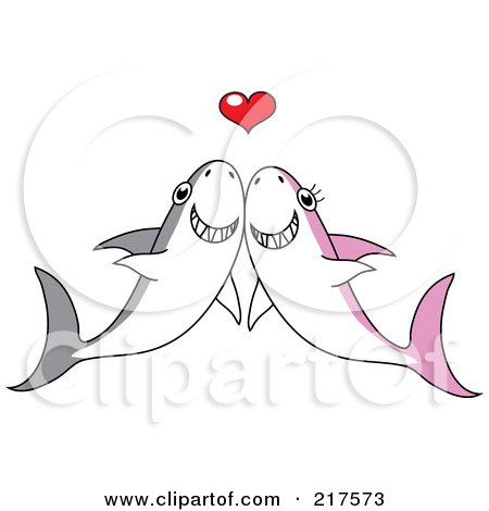 Royalty-Free (RF) Clipart Illustration of a Happy Shark Couple Smiling Under A Red Heart by Rosie Piter