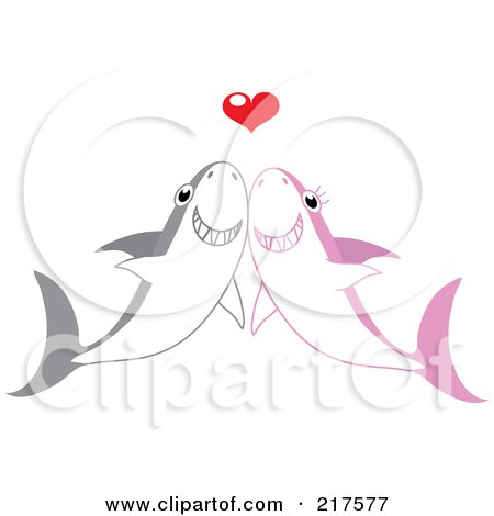 Royalty-Free (RF) Clipart Illustration of a Happy Shark Pair Smiling Under A Red Heart by Rosie Piter