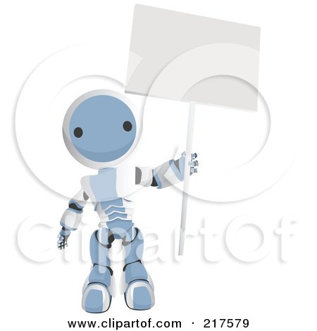 Royalty-Free (RF) Clipart Illustration of a Blue Ao-Maru Robot Holding Up A Blank Sign On A Pole by Leo Blanchette