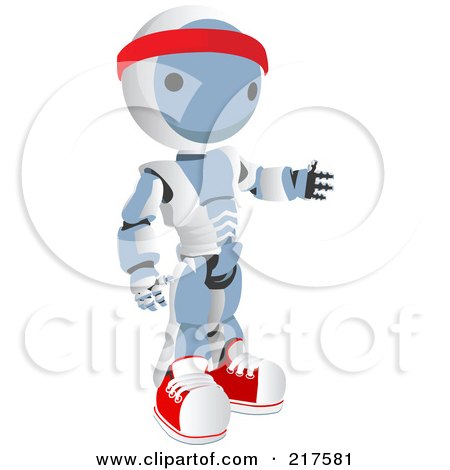 Royalty-Free (RF) Clipart Illustration of a Blue Ao-Maru Robot Wearing Fitness Gear And Gesturing by Leo Blanchette