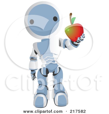Royalty-Free (RF) Clipart Illustration of a Blue Ao-Maru Robot Holding Out A Healthy Apple by Leo Blanchette