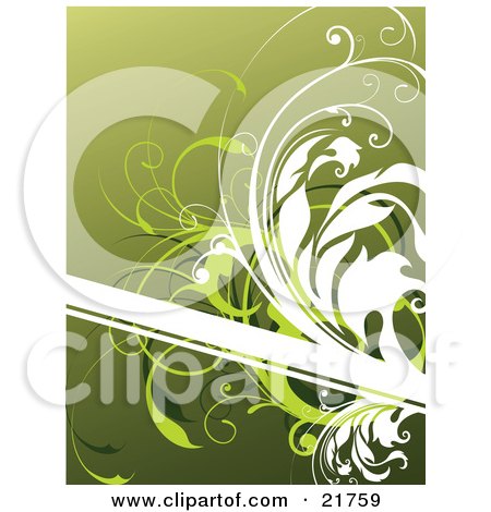 Clipart Picture Illustration of a Blank White Text Box With White And Green Vines Over A Gradient Green Background by OnFocusMedia