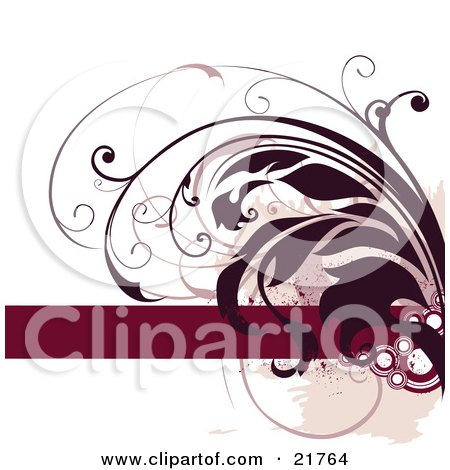 Clipart Picture Illustration of a Deep Red Leafy Vine Curling Over A White Background With A Blank Red Bar For Text by OnFocusMedia
